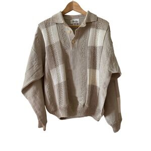 Mondissimo Sweater 48S Sz L Tan Linen Crochet Knit Patchwork Italy Beach Preppy